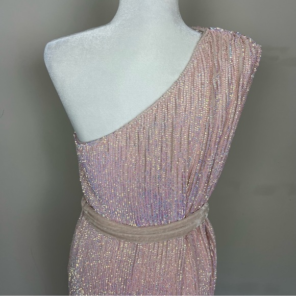 NWT RETROFETE ELLA ONE SHOULDER SEQUIN MINI DRESS IN TAFFY PINK SIZE LARGE - Picture 15 of 16